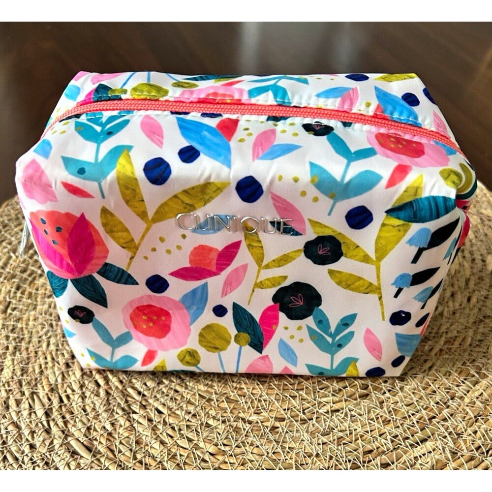 Clinique Floral Multicolor Zipper Makeup Bag Cosmetic Pouch 8 x 5 in